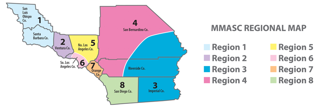 region-map-horiz Map of all 8 regions of mmasc, spanning southern California
